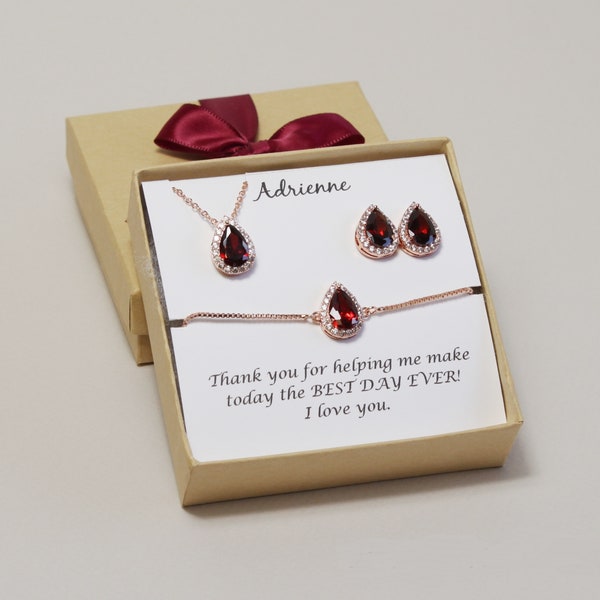 Burgundy wedding jewelry set, Garnet bridesmaid bracelet earrings necklace Bridesmaids earrings Dark red bridesmaids gift Wedding earrings
