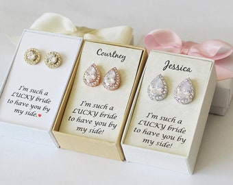 Custom personalized bridesmaid gift Engraved bridesmaid earrings Tear drop bridesmaid earring round earring gift custom message ribbon color