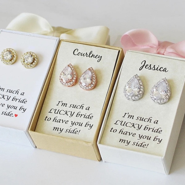Custom personalized bridesmaid gift Engraved bridesmaid earrings Tear drop bridesmaid earring round gift custom message ribbon color yy