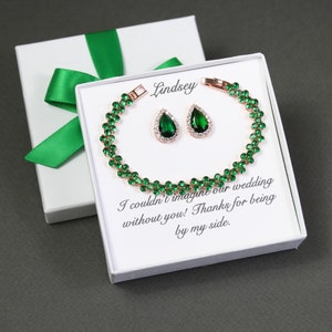 Emerald CZ bridesmaid earrings bracelet set, Emerald green necklace, Deep green bridesmaid gift set Custom bridal jewelry earrings XY1