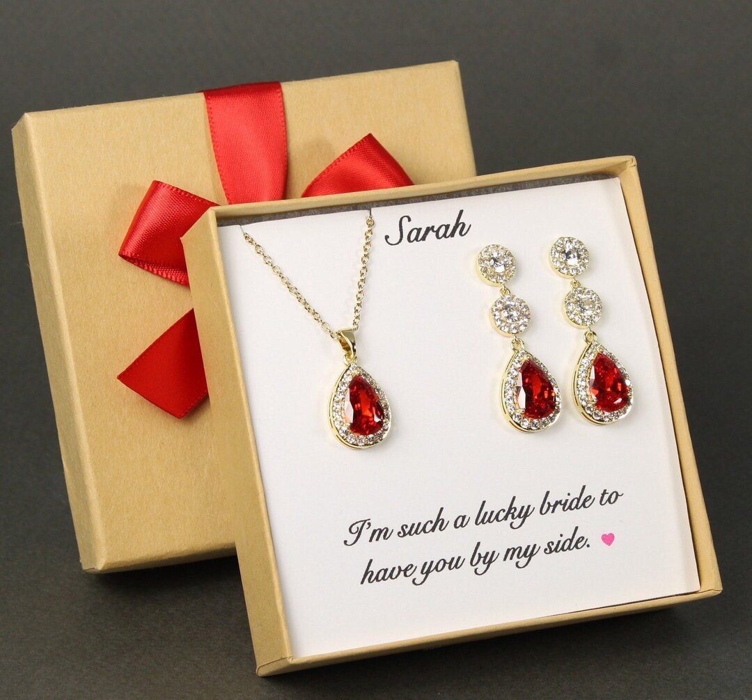 Dark Red Bridal Jewelry Set Red Wedding Earrings Necklace Set Etsy