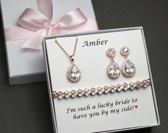 Custom bridesmaid gift set Tear drop bridesmaid earrings Bridal Earrings Bridesmaid bracelet Cubic Zirconia Earrings, wedding Jewelry Set
