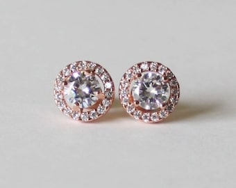 Personalized Bridesmaids Earrings Cubic Zirconia stud earrings Bridesmaid gift Rose gold bridal earrings round CZ necklace bracelet XY1