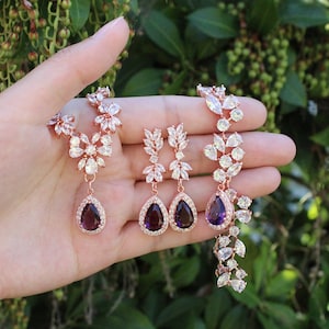 Plommonlila brudsmyckeset: Halsband, örhängen och armband med kubisk zirkonia Roséguld