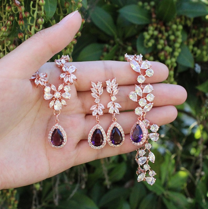 Plommonlila brudsmyckeset: Halsband, örhängen och armband med kubisk zirkonia Roséguld