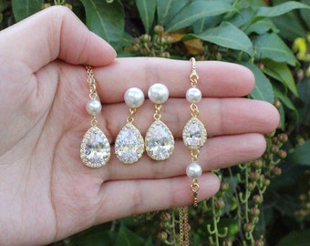 Pendientes de perlas nupciales conjunto de joyas de boda Pendientes de pulsera de dama de honor Regalo de dama de honor Pendientes de dama de honor Pendientes de collar de boda regalo