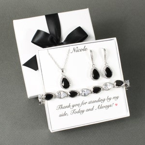 Black bridal necklace earrings bracelet set Bridesmaid earrings Bridesmaid gift Black bridal party set Black CZ wedding jewelry Hook earring