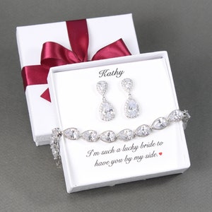 Custom personalized Bridal gift, Cubic Zirconia Tear drop bracelet earring set, Bridesmaid gift, Bridesmaid earring, Bridesmaid necklace set image 1