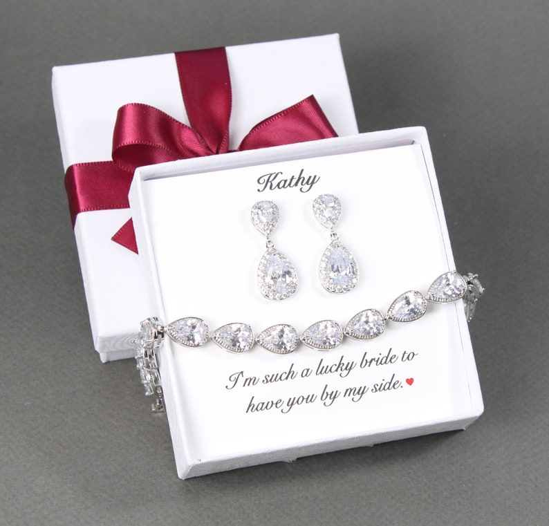 Custom personalized Bridal gift, Cubic Zirconia Tear drop bracelet earring set, Bridesmaid gift, Bridesmaid earring, Bridesmaid necklace set image 1