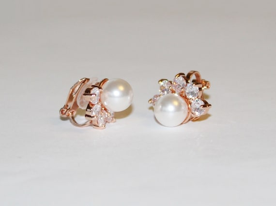 Clip ON Custom Pearl CZ Stud Earrings Mothers Gift Bridal Party