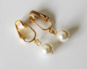 Clip on pearl drop earrings- Non-pierced ears - Pearl clip on earrings- Silver or gold clip on earrings- Bridesmaid earrings- flower girl