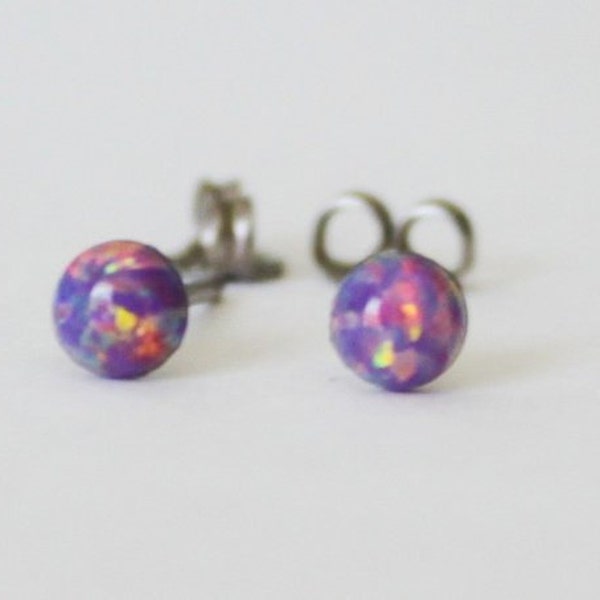 Titanium Earrings, Tiny 4mm Lavender opal cabochon studs, hypoallergenic, Purple opal gemstone post studs, sensitive ears, purple earrings