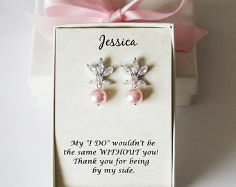 Custom color pearl bridesmaid earrings Bridal pearl necklace earrings bracelet set, Blush pink bridesmaid gift, Light Pink wedding earrings