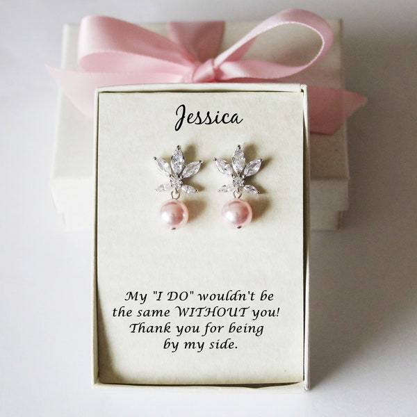 Custom color pearl bridesmaid earrings Bridal pearl necklace earrings bracelet set, Blush pink bridesmaid gift, Light Pink wedding earrings