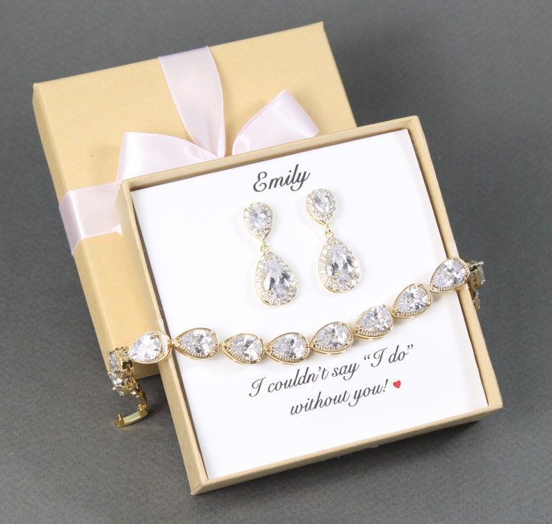 Custom personalized Bridal gift, Cubic Zirconia Tear drop bracelet earring set, Bridesmaid gift, Bridesmaid earring, Bridesmaid necklace set image 3