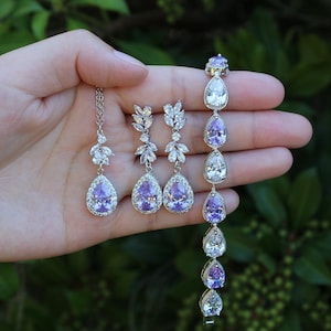Lavender bridal jewelry earring bracelet necklace bridesmaids jewelry gift Light purple Bridal earrings Silver wedding jewelry set Vine leaf