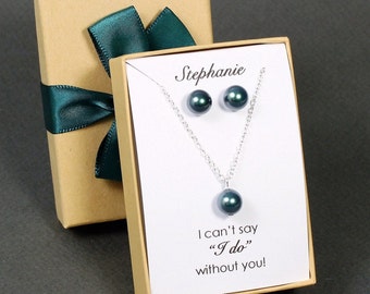 Tahitian Swarovski pearl bridesmaid earrings necklace set Bridesmaid pearl bracelet Green blue pearl wedding gift set Bridal party gift