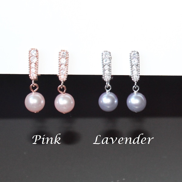 Clip On pearl drop earrings Non pierced ears Lavender Pearl clip on earrings Pink pearl clip on earrings Bridesmaid earrings flower girl set