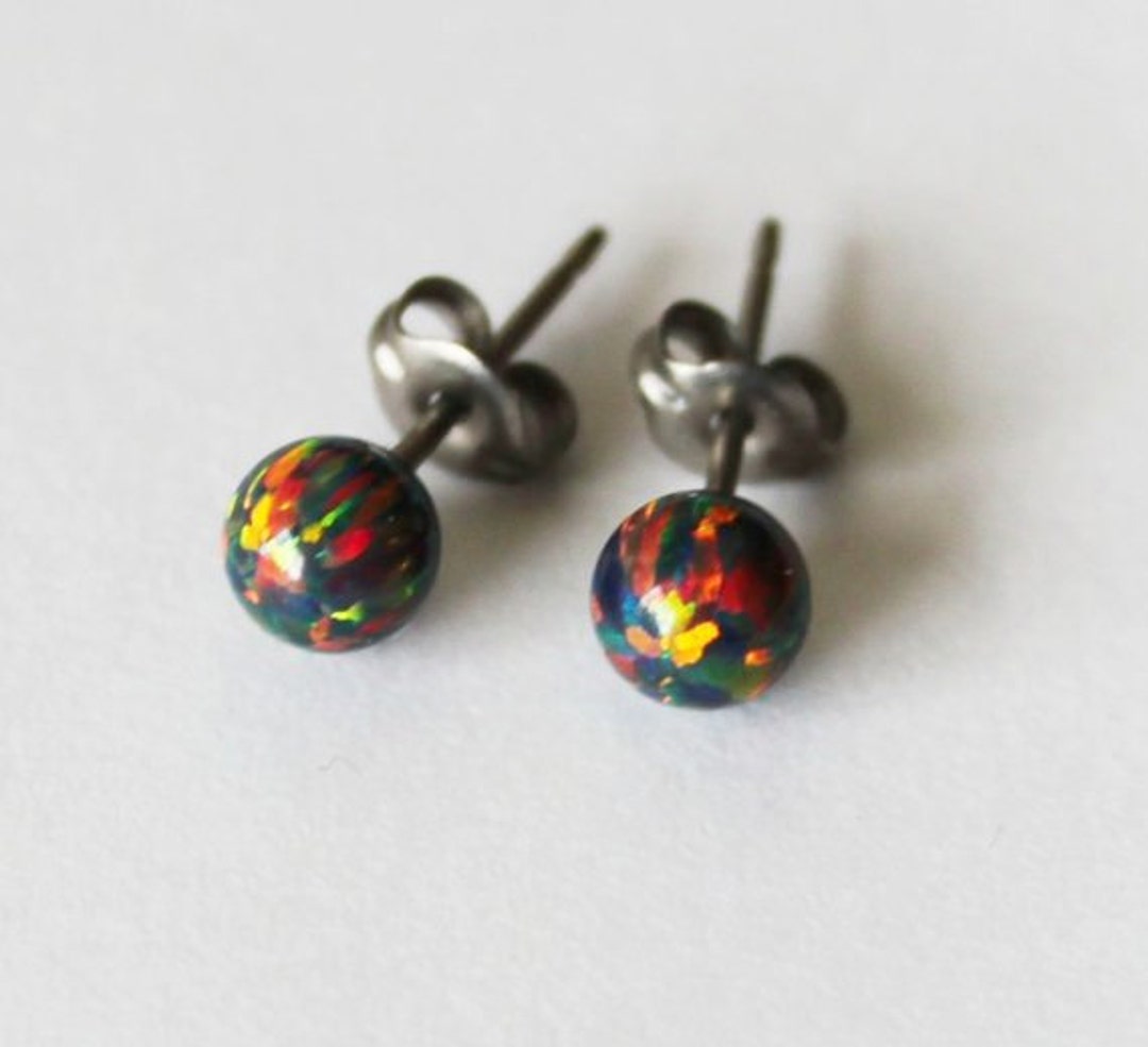 Black Fire Opal Stud Earrings, Custom Sized Opal Ball Studs Niobium or