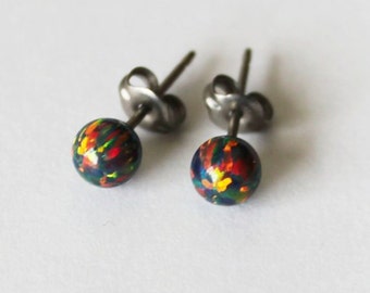 Black fire opal stud earrings, Custom sized opal ball studs Niobium or Titanium earrings hypoallergenic earrings Holiday gift for her