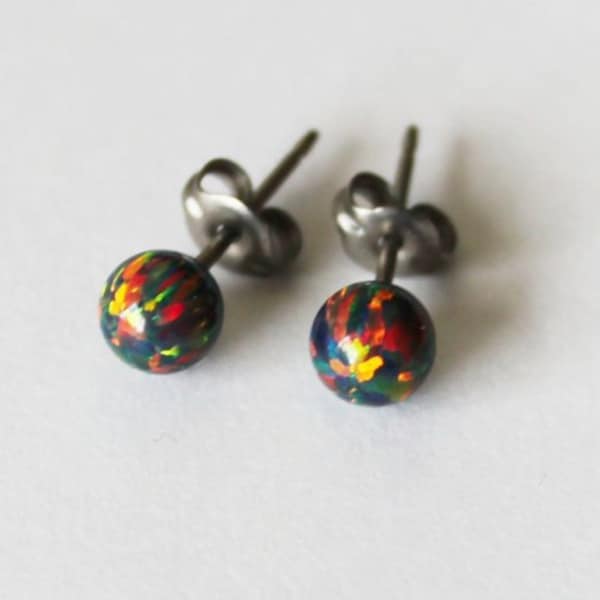 Black fire opal stud earrings, Custom sized opal ball studs Niobium or Titanium earrings hypoallergenic earrings Holiday gift for her