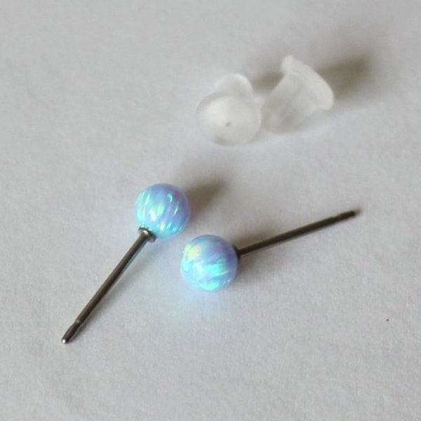 3mm, 4mm, 5mm, 6mm, 8mmice blue fire opal stud earrings, Pure titanium or Niobium earrings, hypoallergenic, Light blue opal studs, Cartilage