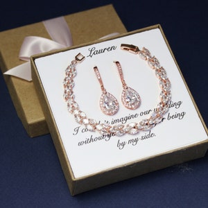 Conjunto CZ de gancho de dama de honor de oro rosa, regalo de damas de honor, collar de dama de honor, conjunto de pendientes de dama de honor, pulsera nupcial de oro, regalo de fiesta nupcial imagen 1