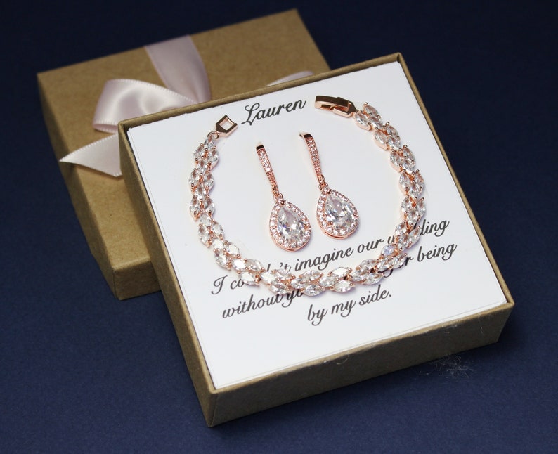 Conjunto CZ de gancho de dama de honor de oro rosa, regalo de damas de honor, collar de dama de honor, conjunto de pendientes de dama de honor, pulsera nupcial de oro, regalo de fiesta nupcial imagen 1