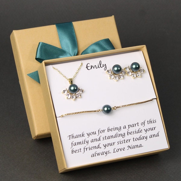 Tahitian color pearl stud bridal earring necklace set Wedding pearl jewelry Bridesmaid jewelry Bridal earrings Teal wedding jewelry set