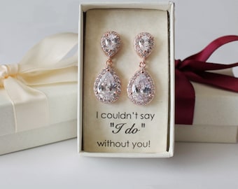 Regalo de dama de honor personalizado doble lágrima CZ pendientes de dama de honor conjunto de pendientes de collar de dama de honor pendientes de boda joyería de dama de honor