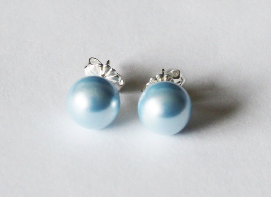 6mm 8mm Light Blue Swarovski Pearl Stud Earrings Blue Pearl Stud