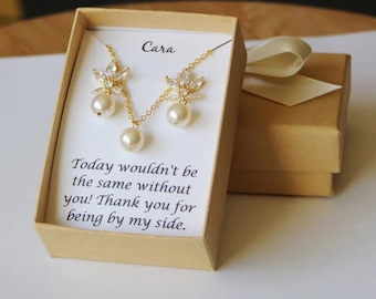 Presente personalizado para madrinhas, brincos de pérolas, colar, pulseira, joias para madrinhas, brincos para madrinhas, joias de ouro para casamento