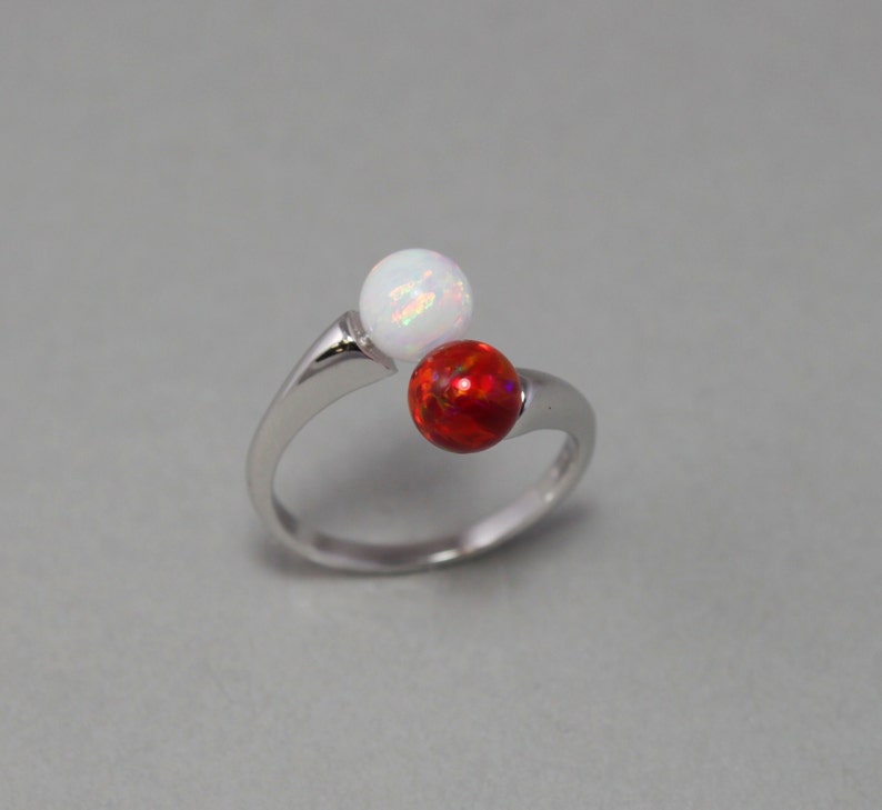 Red and white double Opal open ring Sterling silver adjustable ring Fire opal ring Birthday Wedding Anniversary Christmas gift Red opal ring image 1