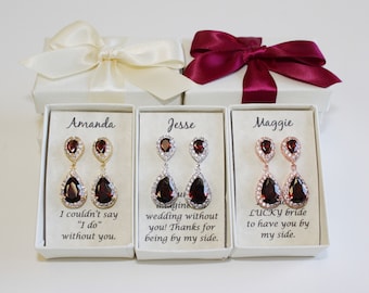 Bourgondische bruidsmeisjeoorbellen, wijnrode traanoorbellen, bruidsmeisje cadeau, bruidsmeisje ketting oorbellen set, bordeauxrode bruidsmeisjeoorbel
