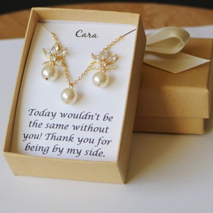 Custom pearl color bridesmaid pearl earrings necklace set Bridal bracelet earrings Cream pearl bridesmaid gift Bridesmaid pearl CZ earrings