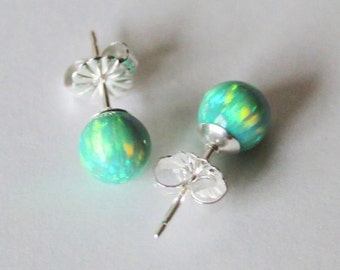 6mm 8mm green opal stud earrings, opal studs, green stud earrings, bridesmaid earring studs, Birthstone studs Spring earrings Christmas gift