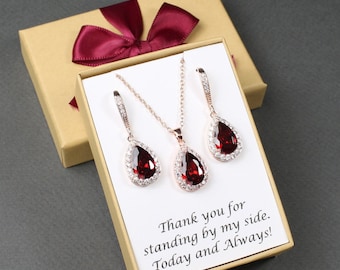 Burgundy cubic zirconia earrings set Bridesmaid drop earrings Dark red Bridesmaid proposal gift Bridal party gift Bridesmaid gift Clip on