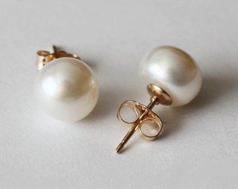 8-8.5 mm AAA gold filled genuine fresh water pearl earring studs-Real pearl stud earrings-Gold pearl studs-Bridesmaid earrings-Birthday gift