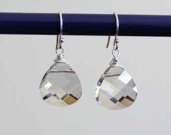 Silver Gray Crystal Earrings, Swarovski Crystal Briolettes, Sterling Silver, Silver Bridesmaid earrings, Gray drop earrings, Crystal earring