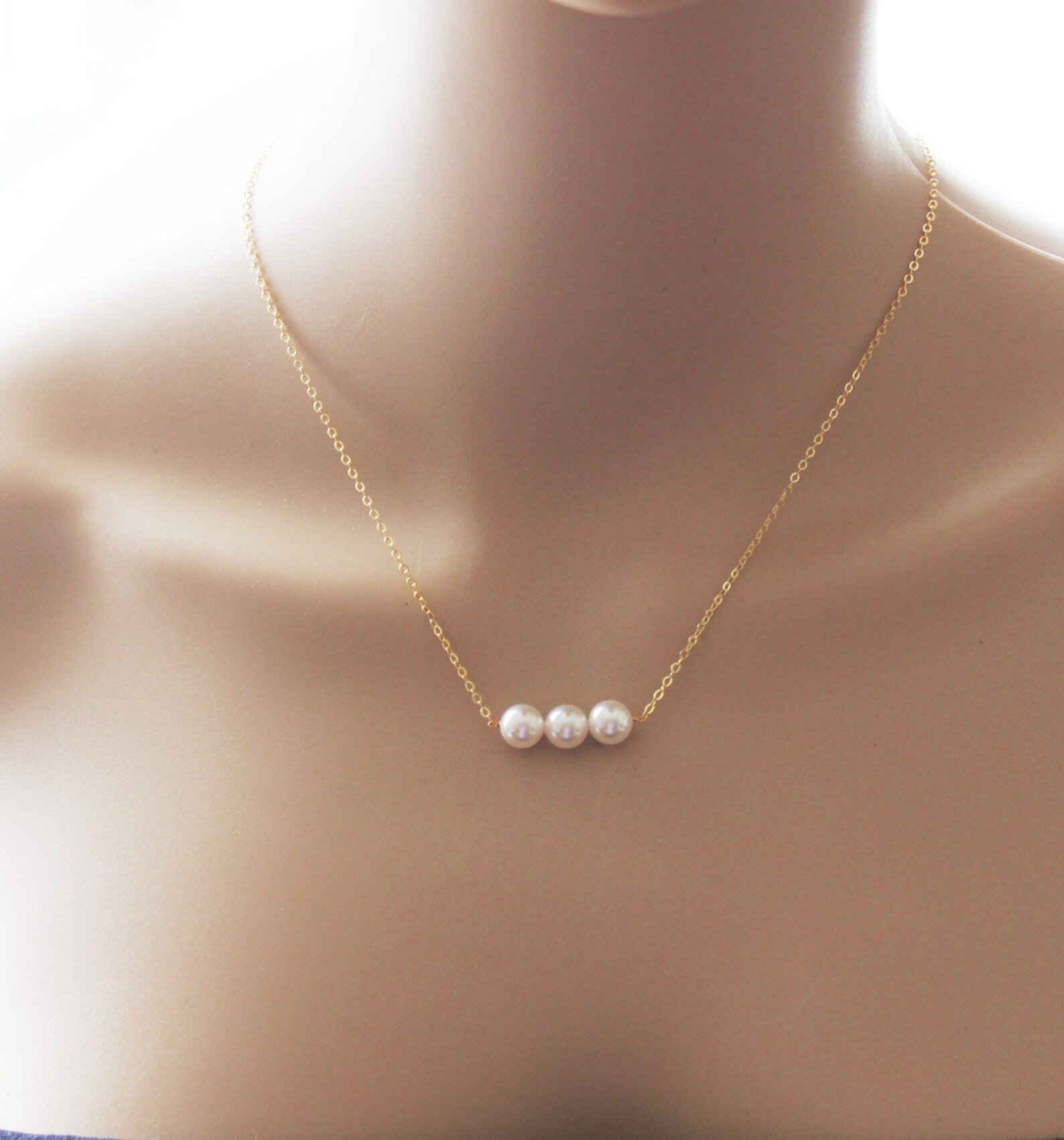 Triple Pearl Necklace Bridesmaid Necklace Silver Necklace Etsy