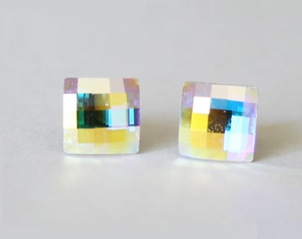Titanium Earrings, 8mm AB clear chessboard Swarovski crystal studs, Hypoallergenic, Nickel free, for sensitive ears, Rainbow crystal studs