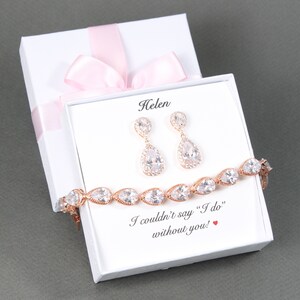 Custom personalized Bridal gift, Cubic Zirconia Tear drop bracelet earring set, Bridesmaid gift, Bridesmaid earring, Bridesmaid necklace set image 2