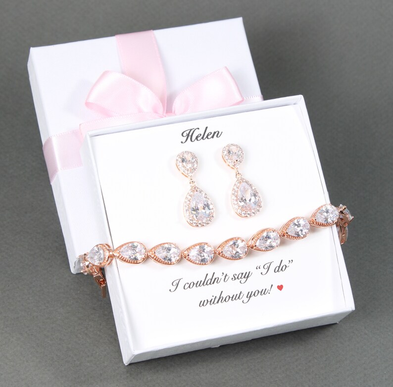 Custom personalized Bridal gift, Cubic Zirconia Tear drop bracelet earring set, Bridesmaid gift, Bridesmaid earring, Bridesmaid necklace set image 2