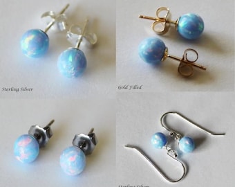 Ice Blue Opal Stud Earrings, 6mm or 8mm, Fiery Blue Stone Earrings, Bridesmaid Jewelry Gift