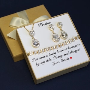 Custom engraved bridesmaid gift double pear CZ bridesmaid earrings Bridesmaid necklace earrings set Wedding earrings Gold bridesmaid jewelry
