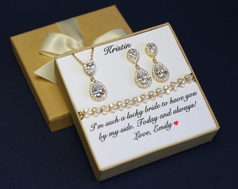 Custom engraved bridesmaid gift double pear CZ bridesmaid earrings Bridesmaid necklace earrings set Wedding earrings Gold bridesmaid jewelry