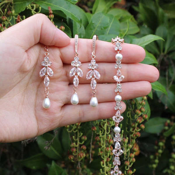 Ensemble de bijoux de mariée en perles, boucles d'oreilles de demoiselle d'honneur, collier, bracelet, ensemble de bijoux de mariage en perles, cadeaux de demoiselle d'honneur, bijoux en perles, bijoux de mariée