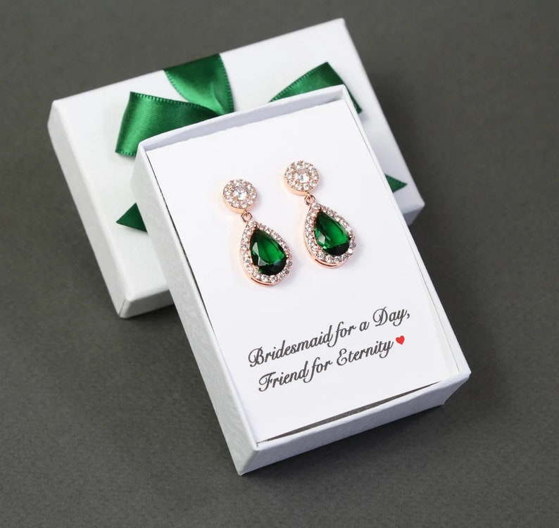 Bridesmaid earrings Emerald tear drop crystal earrings Green bridesmaid jewelry Emerald earrings necklace bracelet set Bridesmaid gift set image 2