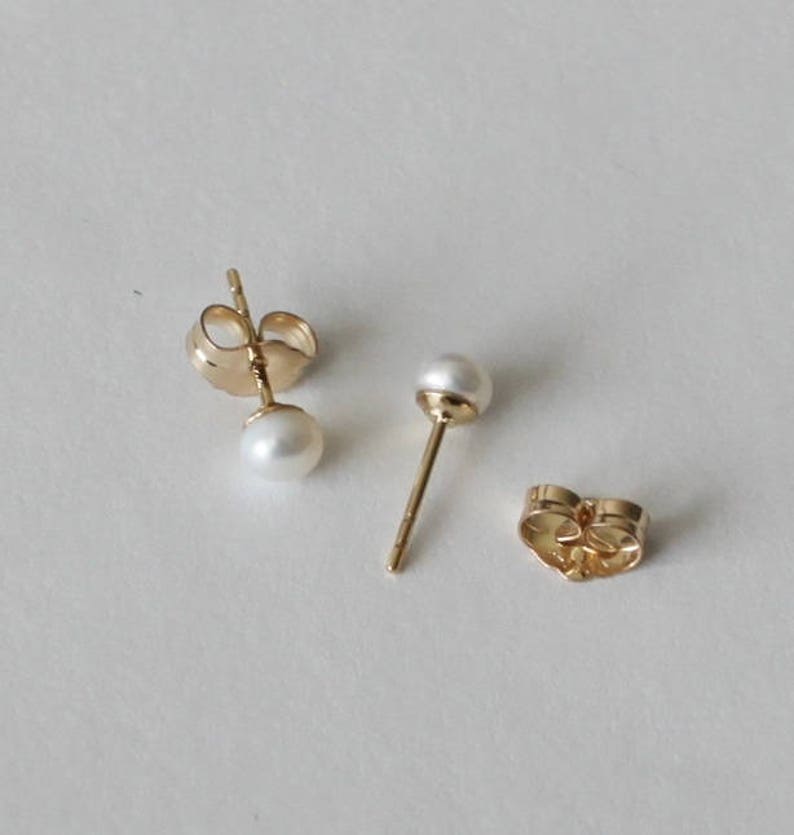 Tiny 3mm, 4mm, 5mm white fresh water pearl studs 14K gold filled earrings small pearl earrings flower girl earrings small pearl studs image 2