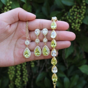 Peridot bridal necklace earrings bracelet set Bridesmaids jewelry set Light Peridot green wedding earrings August birthstone Green jewelry